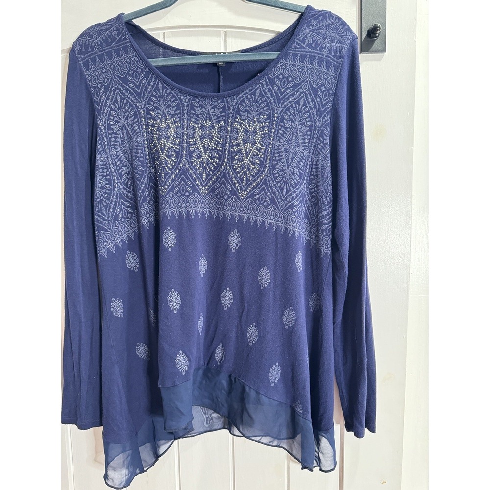 B.L.E.U. Top Women's Size Lg Navy Blue Graphic Embellished Long Sleeve Tee Tunic